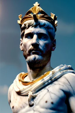 Realistic image, Roman sculpture made in white marble with gold veins, Lionel messi with gold laurel leaves crown, decorative star on the chest, waist up portrait, marble material, gold ornaments, Baroque style, sun rays background, epic, celestial, cinematic lighting, God lights, 4k resolution, smooth details, soft lighting, unreal engine 5, art station, substance 3d.