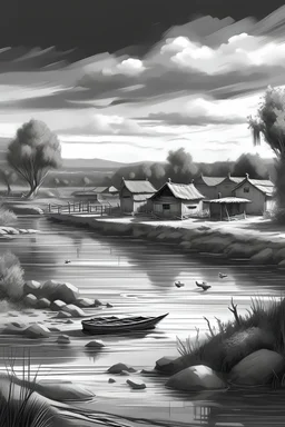 Ranchada de pescadores en escala de grises sobre el río al estilo del artista santafesino Juan Arancio