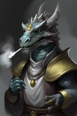 A silver Dragonborn from dnd wearing a smoking