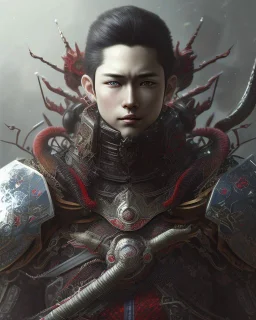 Detailed anime boy, dark brown hair, black and red dragon scale armour, intricate details, full body portrait, keep head in frame, slight smile, black Japanese motif, concept art, highly detailed, digital painting, concept art, sharp focus, illustration, art by Yoji Shinkawa, WLOP and greg rutkowski and alphonse mucha and artgerm and yanjun Chen and Junji ito and Makoto Shinkai, HDR, octane render