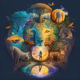 Psychedelic cafe design, mirror space with human face, sun, moon, stars, galaxy, love, water, fire, earth, wind, seventh element, light, tree of life, coffee bean, comet and waterfall, lion and elephant and Rhinoceros and snake
