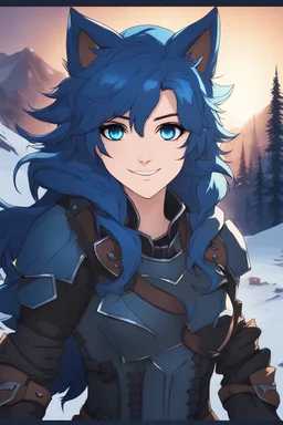 Young woman with midnight blue hair and wolf ears, vivid cold blue eyes, leather armor, smiling, fangs, mountainous background, RWBY animation style