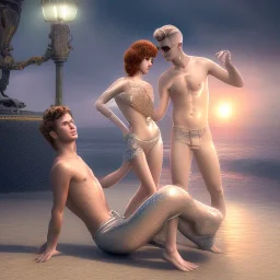 Aaron Carter with sexy Clara Bow, stormy seas, two people, Aaron Carter, romance, romantic, water, swimming, DAZ3D, by Michael Turner, soft lips, cinematic lighting, studio lighting, shine, 4K, fantastic view, girls at beach with her.