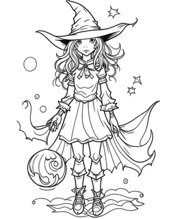 outline art for halloween coloring pages for kids with witch , white background, Sketch style, full body, only use outline, clean line art, white background, no shadows and clear and well outlined, coloring page for kids,