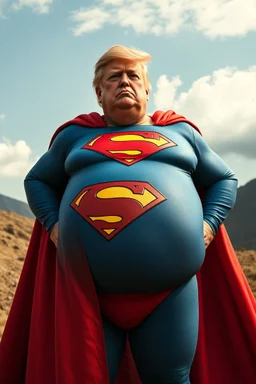 a thoroughly confused, elderly and morbidly obese donald trump standing dressed as superman