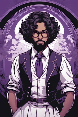 A young black adult man with beard short curls and glasses doing an Elizabeth impression including the dress from Bioshock Infinite. only duotone purple and white. In the style of Akemi Takada, ultra detailed manga drawing, professional lighting, simple logo background. manga japanese comic style