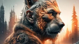 Double exposure, Wolfman, photorealism, man, city, sunset, snow, rain, fantasy, mystical, tattoo, vertical pupils, high detail, high resolution, 8K