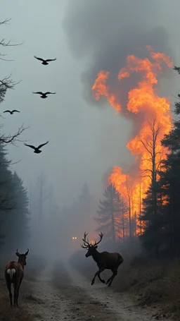 A big fire and smoke in the wood , dears , people and birds are running away from the fire scared