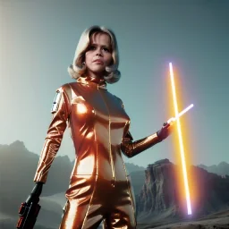 Ultra Realistic retro sci-fi portrait image from 1960, spaceship, sweet young Jane Fonda, dress with tight latex suit, lightsaber fighting stance, soft color, highly detailed, unreal engine 5, ray tracing, RTX, lumen lighting, ultra detail, volumetric lighting, 3d, finely drawn, high definition, high resolution.