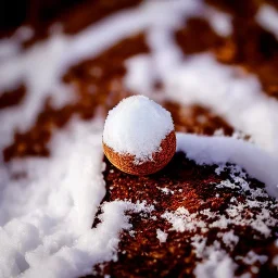 exquisite tiny wooden ball buried in snow, warm colors, soft lighting, snowdrift, long shot, soft focus, extreme wide shot, aerial shot