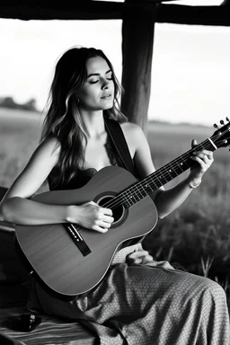 beautiful woman playing acoustic guitar in mid west blck and white old photto