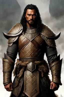 A Maori-Warrior in bronze-age armor engraved with traditional maori patterns. concept art in the style of Alan lee d&d larry elmore greg rutkowsky john howe william morris william turner hayao miyasaki. mixture of dwayne Johnson, maui and jason momoa