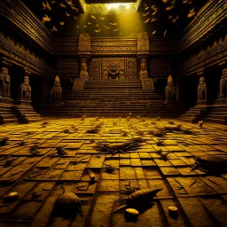 A dark yellow field filled with bugs in a Mayan temple designed in ancient Egyptian hieroglyphics