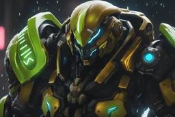 orisa in 8k anime cgi artstyle, venom them, neon effect, close picture, rain, apocalypse, intricate details, highly detailed, high details, detailed portrait, masterpiece,ultra detailed, ultra quality