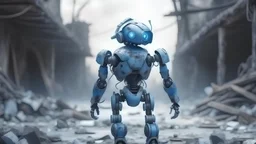cute human blue robot walking in a ruined city after war