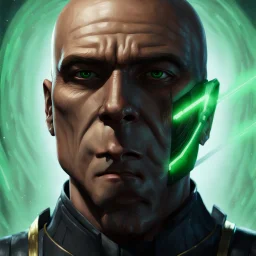 star wars bald male corellian jedi pilot wearing gunmetal grey and black old republic armored robes with gold trim inside the jedi temple holding a lightsaber with viridian green blade in left hand, centered head and shoulders portrait, hyperdetailed, dynamic lighting, hyperdetailed background, 8k resolution, volumetric lighting, light skin, fully symmetric details