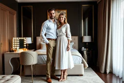 very beautiful lady with beautiful midi skirt and blouse standing next to her boy friend in a luxury bedroom with high heels next to makeup desk looking to camera
