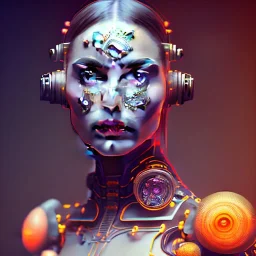 A beautiful portrait of a cute cyberpunk woman happy, alphonse mucha style, grain on the skin, tribal tatoos, orange color scheme, high key lighting, volumetric light high details, 3d blender,cinematic smooth, intricate detail, nreal engine 5, ultra sharp focus