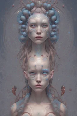 head and shoulders portrait of a woman with planets on her head, long blue hair, face paint, jester hat, Takato Yamamoto artist, Akiya Kageichi artist, Jedediah Berry inspired, 8k resolution concept art portrait, dynamic lighting, hyperdetailed, intricately detailed, maximalist, beautiful, peaceful