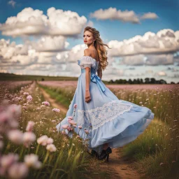 fullbody girl makeup wearing a victorian dress walking in country side ,flowers ,pretty clouds in blue sky