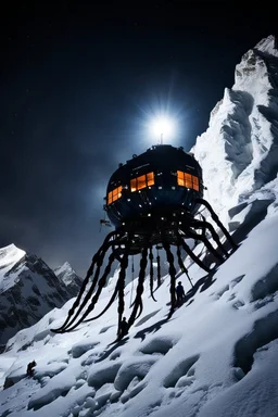 silhouette of a eight legs machine scaling a very steep snow covered side of mout everest at night, it has storage pods on its belly and humans can fit in the pods