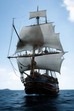 front view of a wooden ship with a spider figurehead