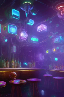 android dog and robots in a cyberpunk bar, digital art style. fantasy, volumetric lighting, particales,highly detailed wide shot, cinamatic, Zack Snyder stlye, colourful, with bartender