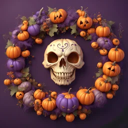 3D illustration of Halloween wreath of decorations with small pumpinks and a cute skuls caramel a deep purpure background, illustration, smooth 3d digital art, exquisite thee-dimensional rendering, 4K, blender, c4d, octane render , disney style 3d light, Zbrush sculpt, concept art, Zbrush high detail, pinterest Creature Zbrush HD sculpt, neutral lighting, 8k detail