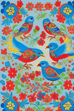 Norwegian folk art bunad pattern rosemaling style with birds, flowers. Vivid colors, High details