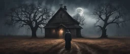 Hyper Realistic Haunted Chapel between a Field & dry old tree at rainy night with a headless man