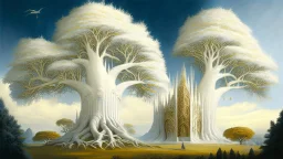 Valinor, tolkien, two giant trees, one giant golden tree, one giant silver tree, surrounded by a giant white castle.
