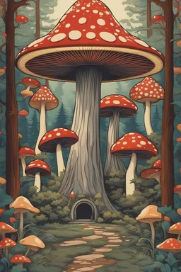 a detailed beautiful mushroom gnome retro forest. art nouveau. (Stanley Mouse psychedelic, Art Nouveau-influenced concert posters) more kitchen elements around. gorgeous forest in the background. surrounded by an art deco mushroom border.