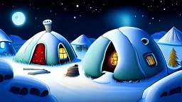 cartoon illustration: North Pole night, nature and igloos