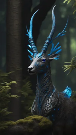 Dark forest, fantasy forest, gazelle with blue neon Crystal horns , intricate details, highly detailed, dreamshaper finetuned model with dynamic art style witg