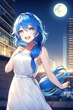 girl, masterpiece, best quality, cinematic lighting, detailed outfit, vibrant colors, perfect eyes, blue hair, long hair, white eyes, low tied hair, messy hair, white dress, night sky, rooftop, town, sparkle, laughing, moon,