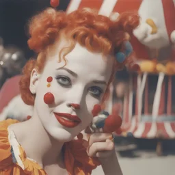 A woman , freckles, with a clown at the circus, 1950s, red, orange, pink, golden