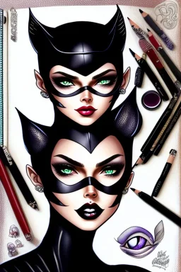 Cute friendly Catwoman, playing with cute cats, perfect eyes, perfect iris, ink and pencil, style Elisabeth Kreitz