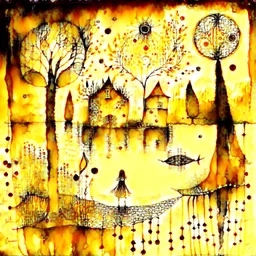 by the lake. Optical illusion, zentangle, surreal. highly detailed elegant fantasy illustration intricate intricate details masterpiece very attractive beautiful award winning crisp quality Paul Klee golden hour Tim Burton Watercolor painting JMW Turner aquarelle Dee Nickerson watercolor and ink wet on wet pen and ink style Xuan Loc Xuan