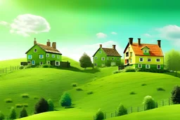 A realistic photo of 4 houses standing on a green hill . It's a sunny day and there are animals in the background