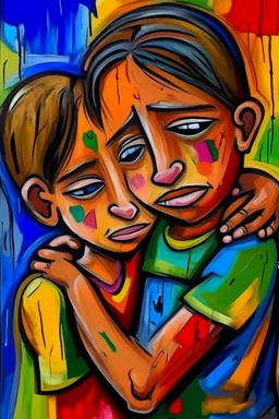 a girl hug her brother and both crying sadly, expressionism, Pixar style, in abstract art Basquiat, Picasso, Miro, Kandinsky, Klee, Birell, Fairey, Ardon, Buffet aand Picasso style, HD --s 750 --v 5.1 --style raw, water color