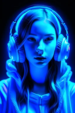 Girl, headphones, neon light blue,