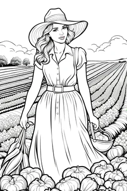 B/W outline art,coloring book page, full white, super detailed illustration for adult,cartoon style "Beautiful Country Girl: A Lovely Girl in the Vegetable Field" coloring pages, crisp line, line art, high resolution,cartoon style, smooth, law details, no shading, no fill, white background, clean line art,law background details, Sketch style, strong and clean outline, strong and black outline