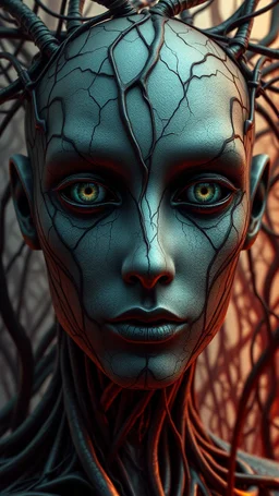 A robot face black vein, human veins, mixing together a lot of them, like a forest, big and small veins a lot of them,