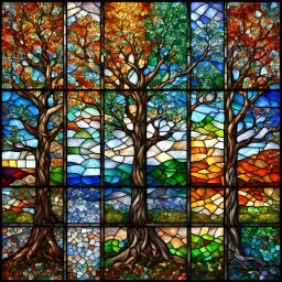 mesmerizing stained glass depicting a tree in four different seasons; summer - winter - spring- fall; mosaic with defined tile edges, ultra hd, realistic, vivid colors, best quality, fragile, dynamic, transparency, photorealistic