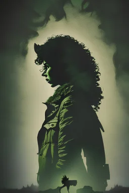 A dark, moody cover featuring a silhouette of a woman with curly hair wearing an old green army jacket, with the shadow of a wolf lurking behind her.