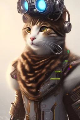 Cyberpunk Portrait of cyborg cat child with brown hair and with cute face, north pole snowy vibe , perfect composition, hyperrealistic, super detailed, 8k, high quality, trending art, trending on artstation, sharp focus, studio photo, intricate details, highly detailed, by greg rutkowski