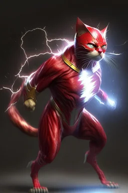 cat as flash, humanoid, 3d, full body, realistic, red lightning