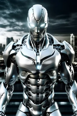 silver white metallic super villain cyber suit strong white glowing eyes burning city in background