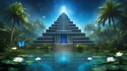 lost temple aztec of a magic lake full of lotus flowers and fairytale temple mayan in jungle palms the background with sparkling white stars tiny electric blue butterflies