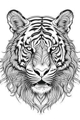 realistic tiger head tattoo idea, line art, background, vector, svg, black outline on white background, leave plenty of white space beetween lines for coloring, tattoo style, tattoo idea,full body, minimalist